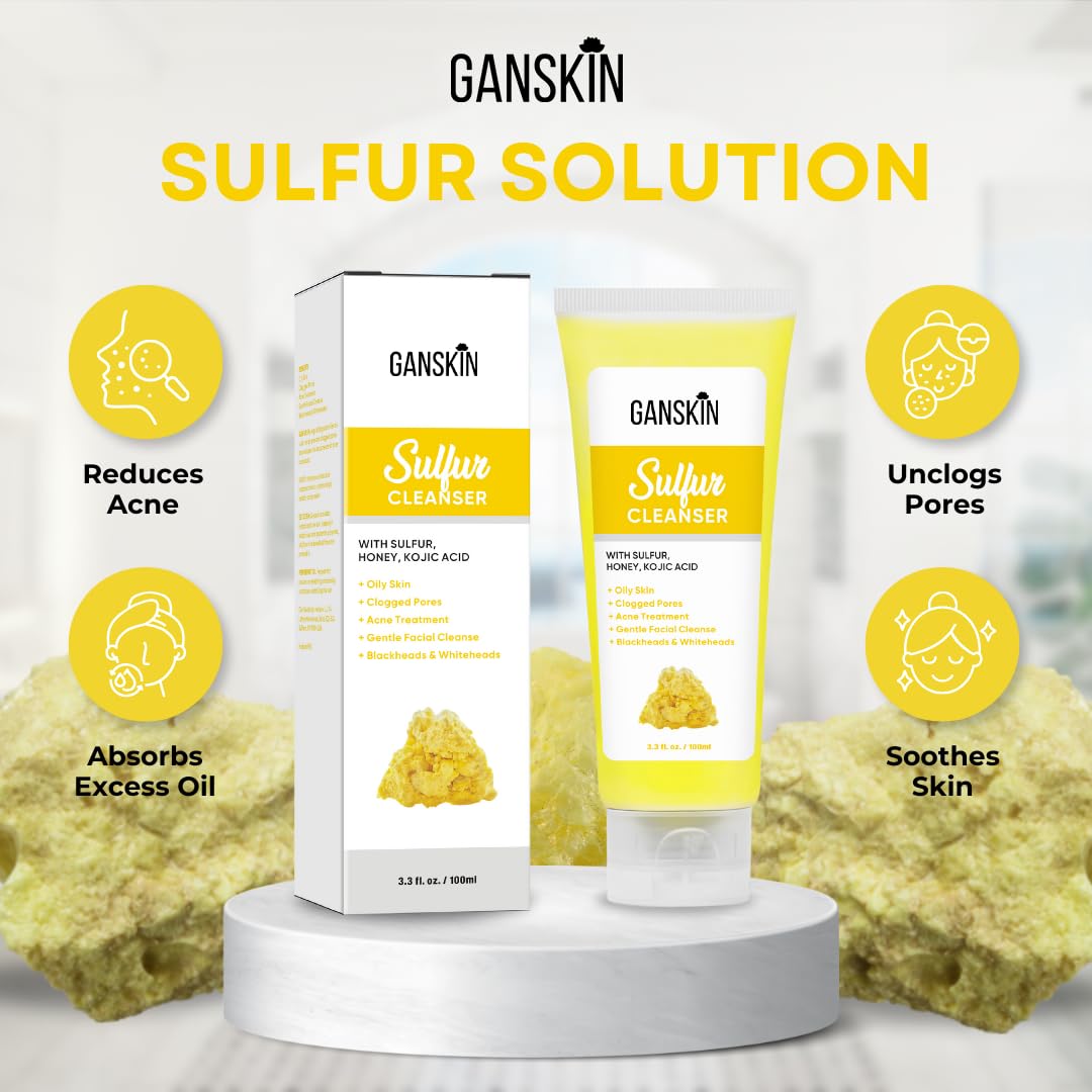 Ganskin Sulfur Soap – Sulfur Face & Body Wash – Sulphur Exfoliating Facial Cleanser Absorbs Excess Oil, Reduces the Look of Breakouts & Cleanses Skin – Natural Oily & Blemish-Prone Skin Care