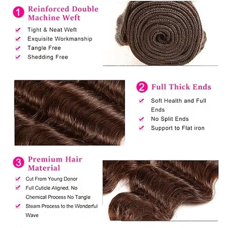 Augfst Brazilian Virgin Human Hair Bundles Chocolate Brown Color 4 Deep Wave Bundles Human Hair 22 24 26 Inch Inch 12A Unprocessed Sewn In Quick Weave for Black Women