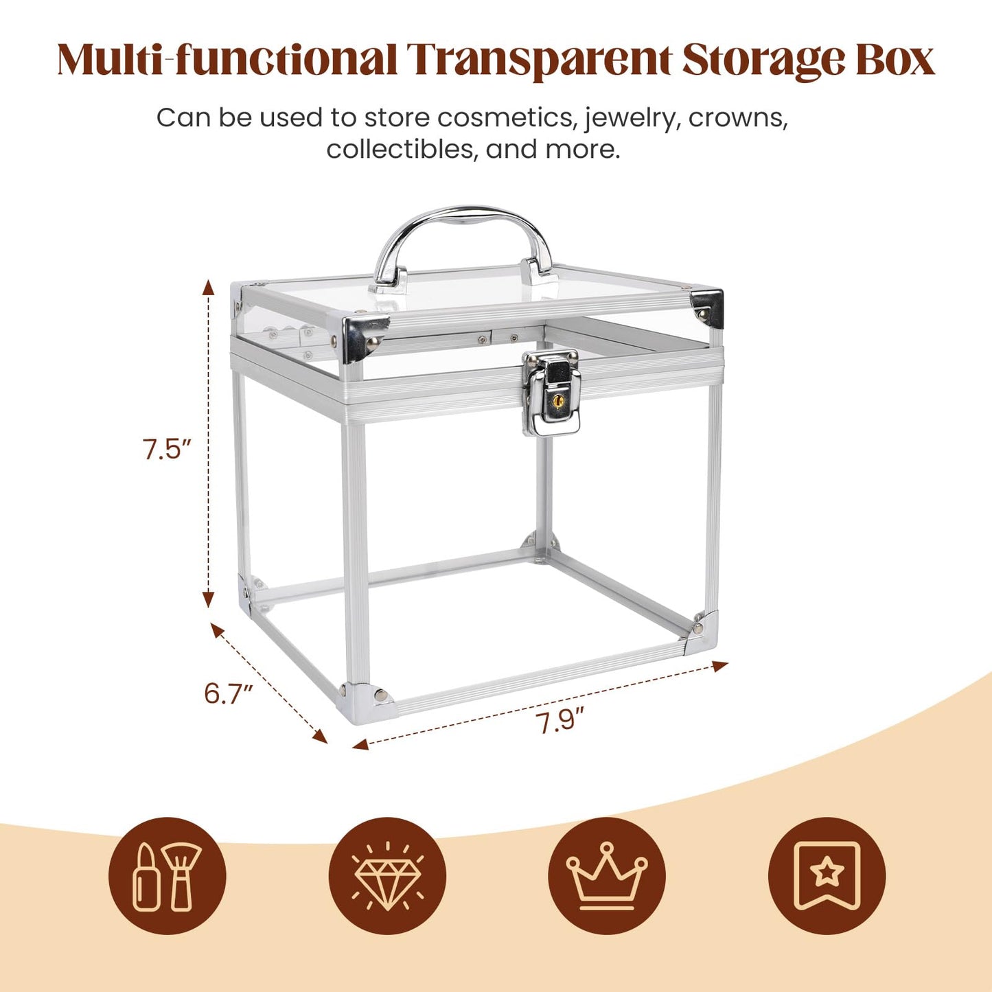 Donghome Crown Box 7.9 x 6.7 x 7.5inch, Clear Makeup Case,Cosmetic Organizer, Large Capacity Transparent Acrylic Artists Display Case for Vanity,Bathroom Counter or Dresser,Silver