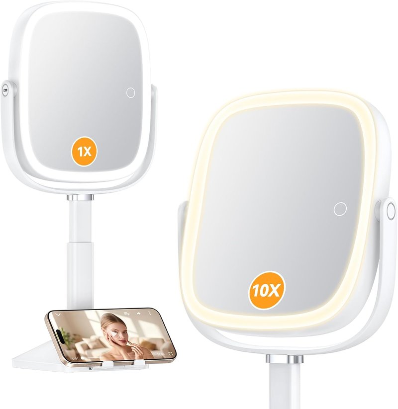 Lighted Magnifying Makeup Mirror - Adjustable Height, 1X/10X Magnification, 4000mAh Battery | 3 Color Modes, Hidden Phone Stand - White