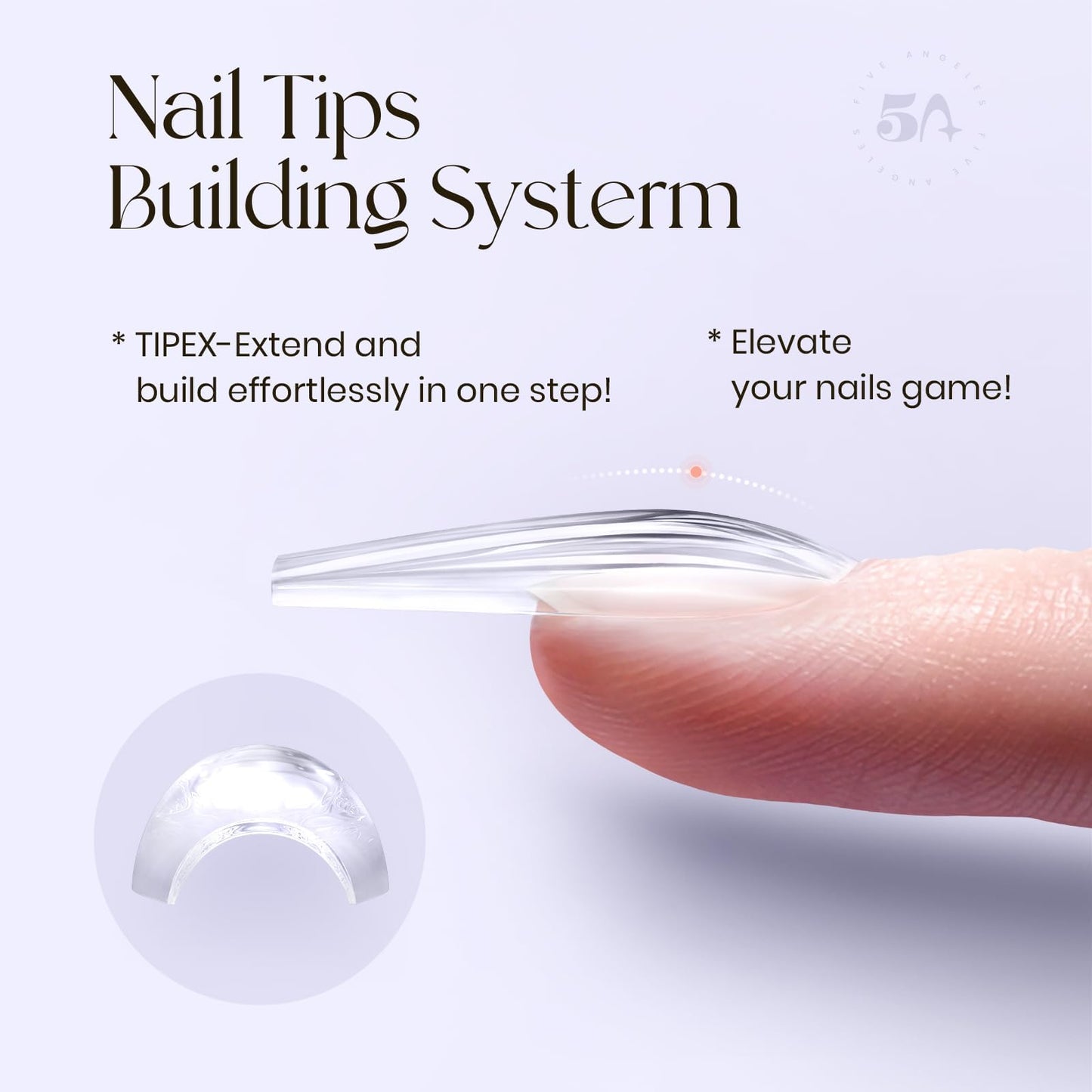 Five Angeles Tipex Instant Apex Nail Tips – Pre-Etched Acrylic Hard Gel Tips Kit for Flat Nails, Long Coffin Deep C Curve, Full Cover Press-On Nails for Beginners, UV Glue & LED Lamp Set