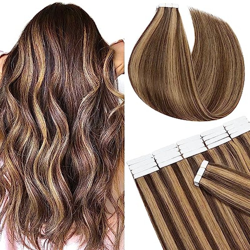 SEGO Tape in Hair Extensions Real Human Hair 20 Inch 40pcs 100g Straight Balayage 100% Remy Seamless Skin Weft Invisible Rooted Double Sided Tape Hair for Women-Medium Brown&Dark Blonde