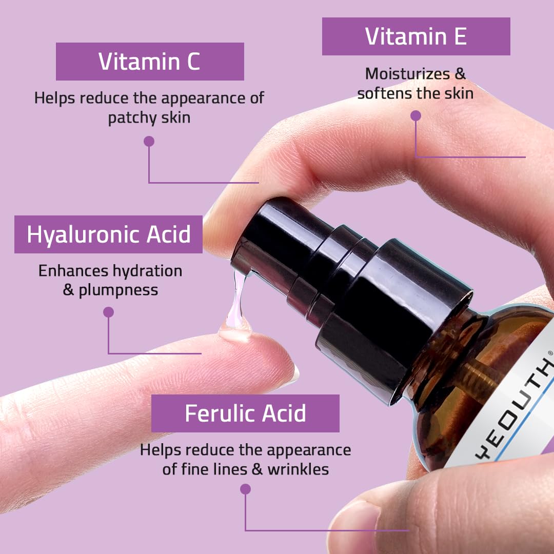 YEOUTH Anti Aging Serum for Face with Hyaluronic Acid, Ferulic Acid, Vitamin C and E, Hydrating Face Serum for Women and Men Targets Dull and Dry Skin 1oz