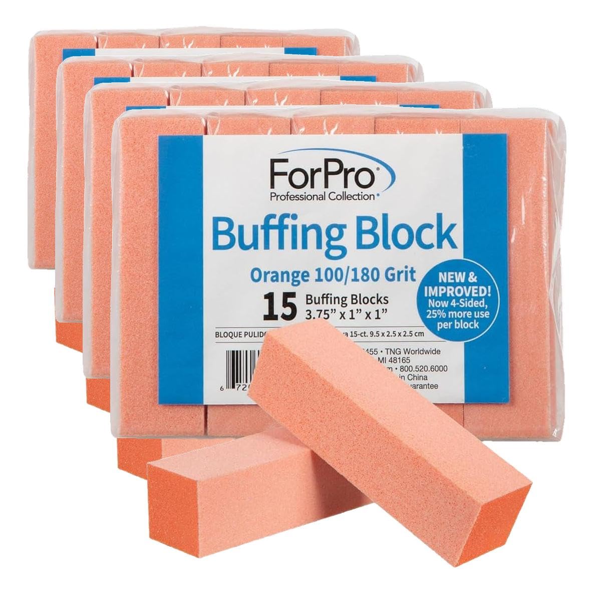 ForPro Buffing Block, Orange, 100/180 Grit, Three-Sided Manicure and Pedicure Nail Buffer, 3.75” L x 1” W x 1” H, 15-Count (Pack of 4)