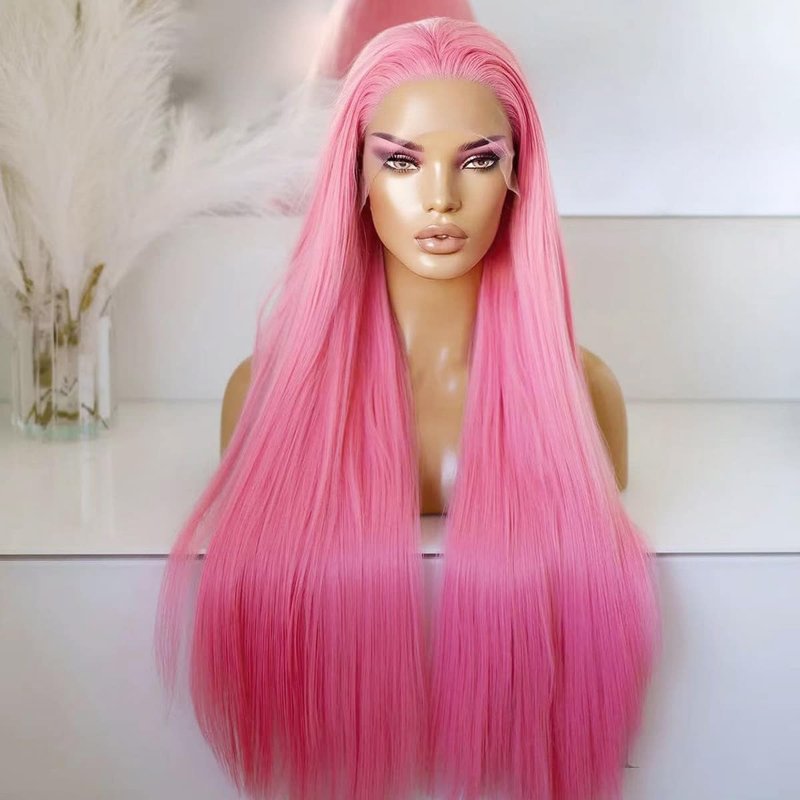 Pink Lace Front Wig for Women - Long Silky Straight Synthetic Hair | Glueless Natural Hairline, Heat Resistant