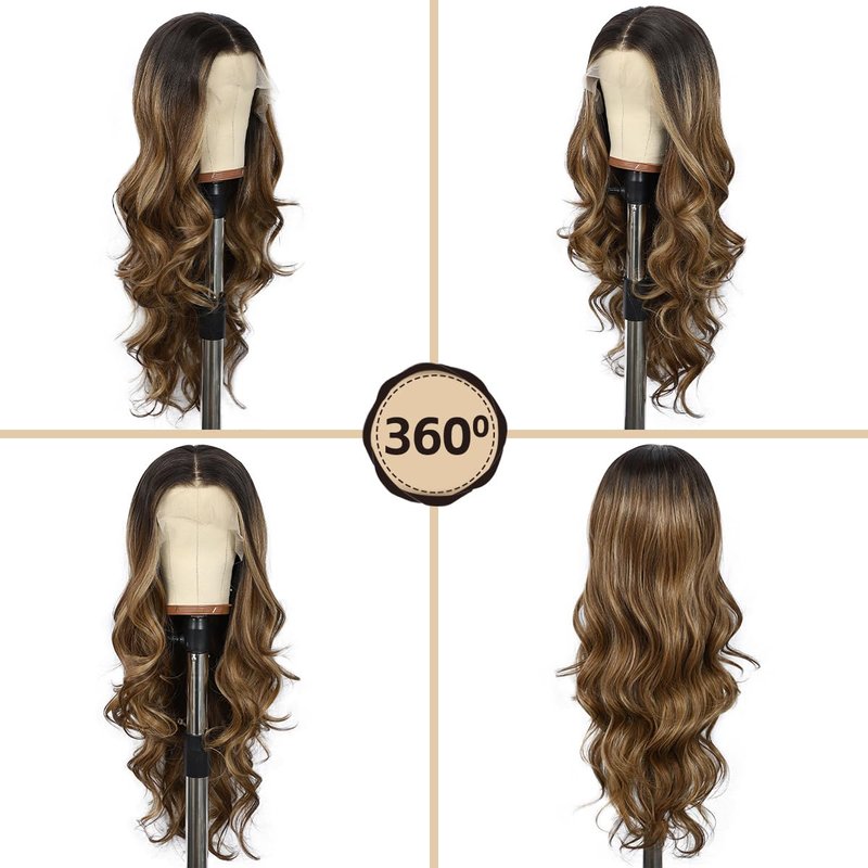 Brown Lace Front Wig - 13x4 Body Wave Synthetic Hair, Honey Brown Highlights | 26 Inch, Pre-Plucked, Heat Resistant