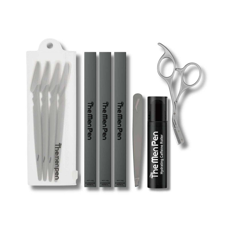 The Men Pen Complete Eyebrow + Hydrating Grooming Kit for Men | Scissors, Hydrating Caffeine Roller, Tweezers, Razors & 3 Eyebrow Filler Pens for Shaping | Trimming & Defining Brows - Black