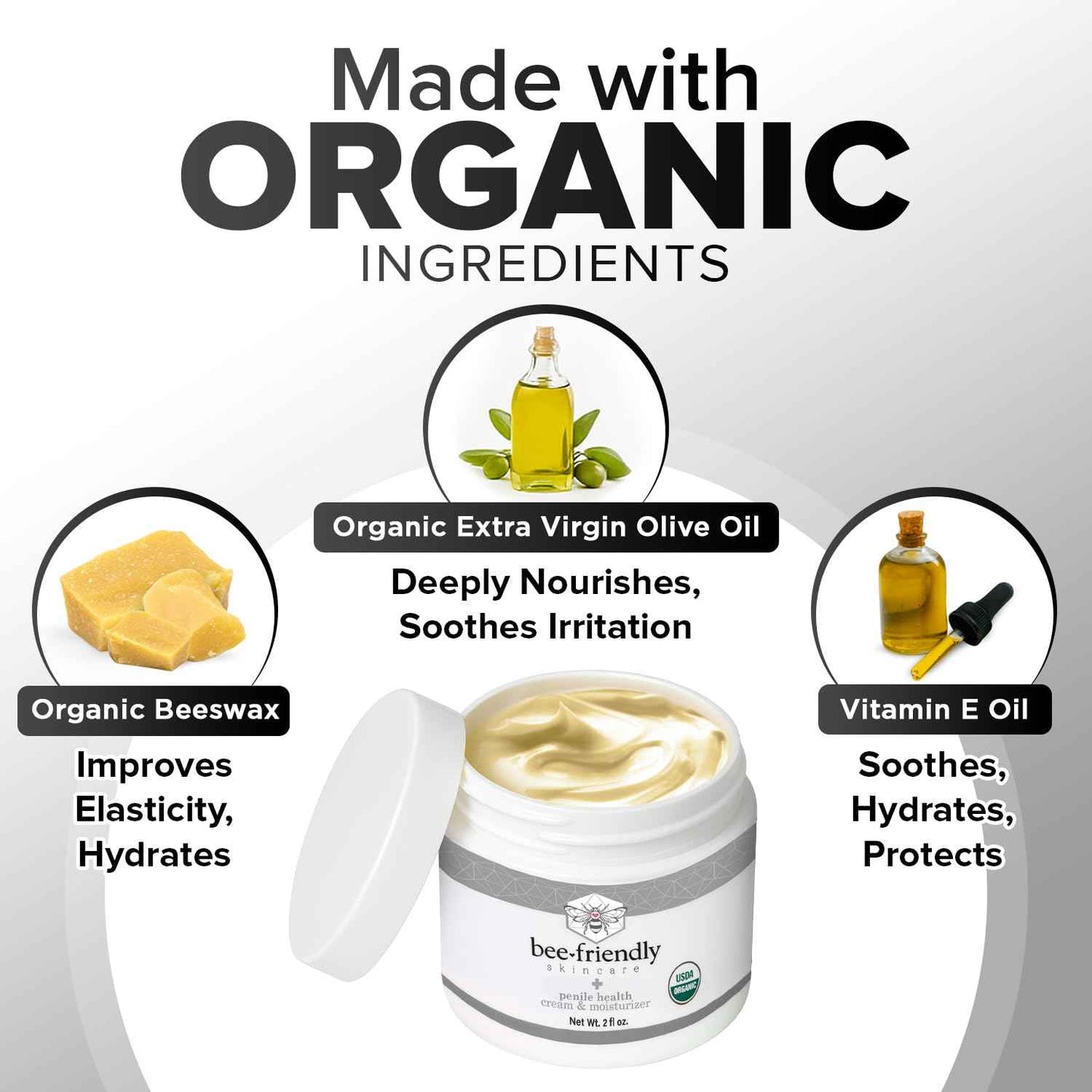BeeFriendly Organic Penile Health Creme, USDA Certified Cream, Natural Moisturizer Aids With Dry, Chafed, Itchy, Irritated & Sensitive Male Skin 2 oz