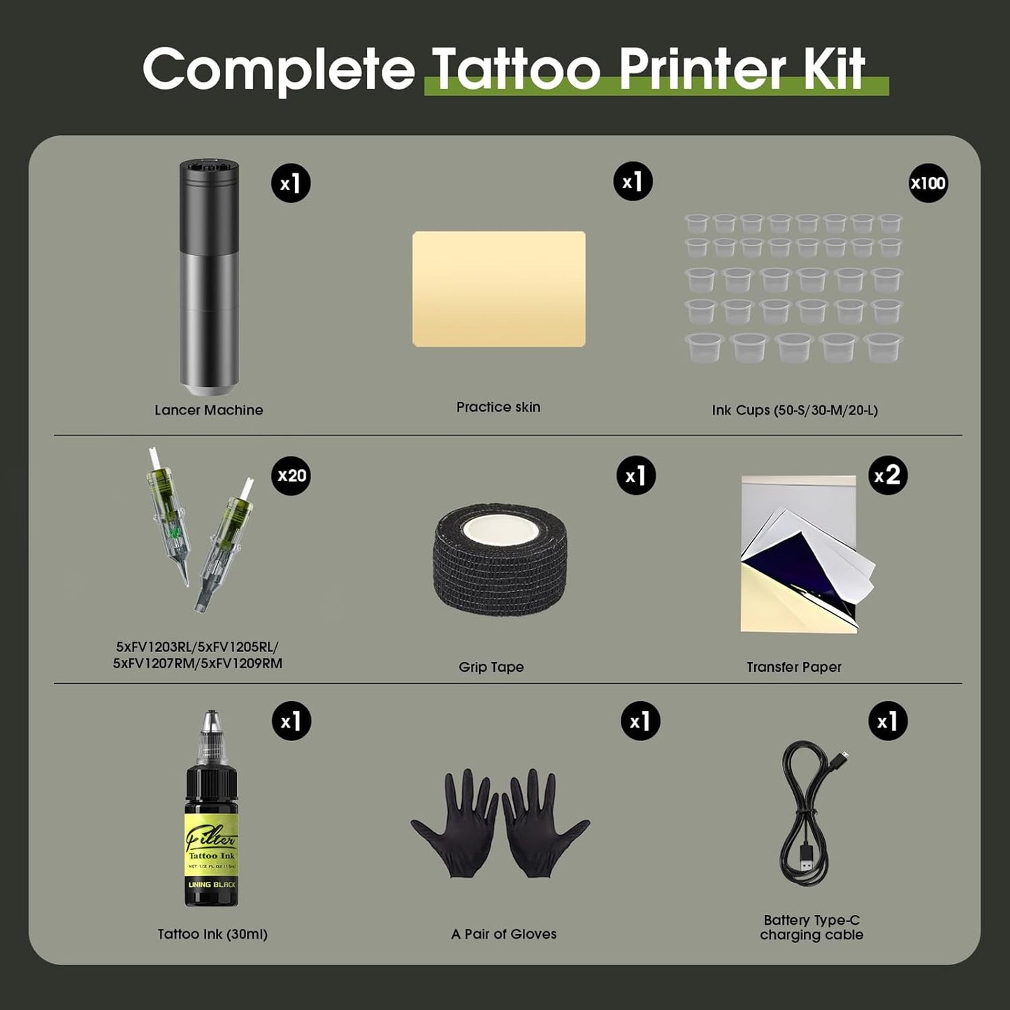 Tattoo Gun Kit - Complete Rotary Machine Pen Set with 1500mAh Battery & 20 Cartridge Needles | Grey