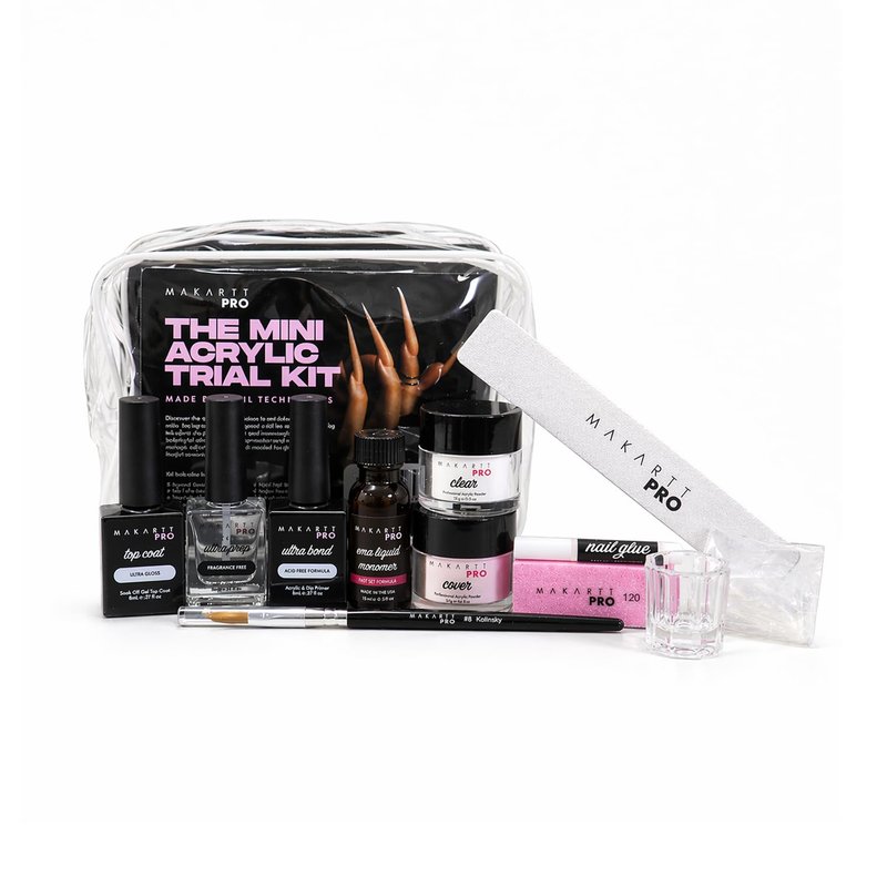 MakarttPro Mini Acrylic Nail Kit for Beginner Nail Technicians 12pcs - Starter Set with Pink & Clear Acrylic Powders, EMA Monomer, Kolinsky Brush and Nail Essentials