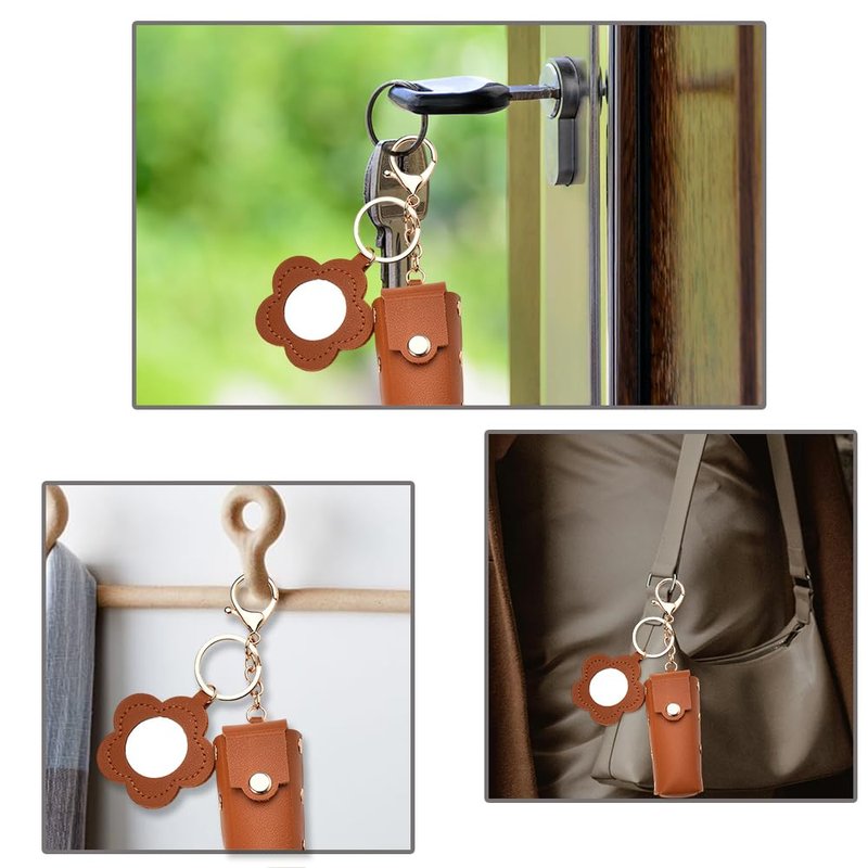 Sisadodo Lipstick Case Keychains for Women Brown Lip Oil Case with Mirror Keychain for Women Lipstick Holder Key Chain for Bag Purse Car Keys Keychain for Girls PU Leather Lip Oil Case Keyring