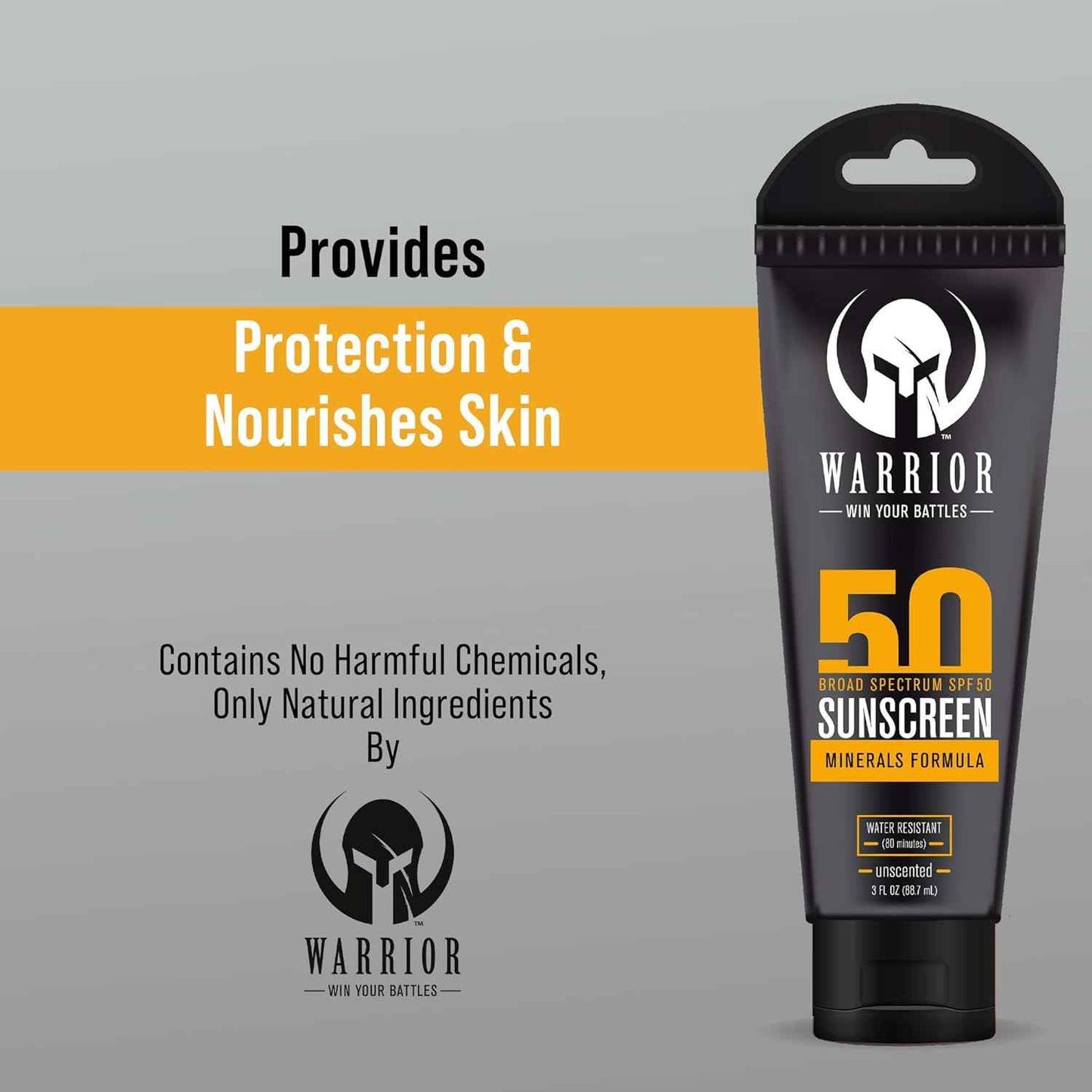 WARRIOR - WIN YOUR BATTLES- SPF 50 Sunscreen Lotion - 80 Minutes Water Resistant, Reef Safe, Unscented Lotion Non-Nao Zinc & Non-NanoTitanium Sunscreen with Mineral Formula - 3 Fl. Oz