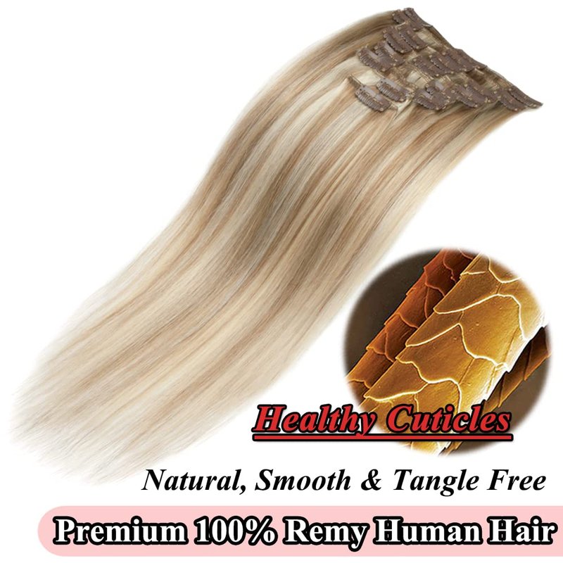 Clip-In Hair Extensions - Real Human Hair Balayage Golden Brown & Bleach Blonde | 12 Inch, 55g, 8pcs Weft for Full Head