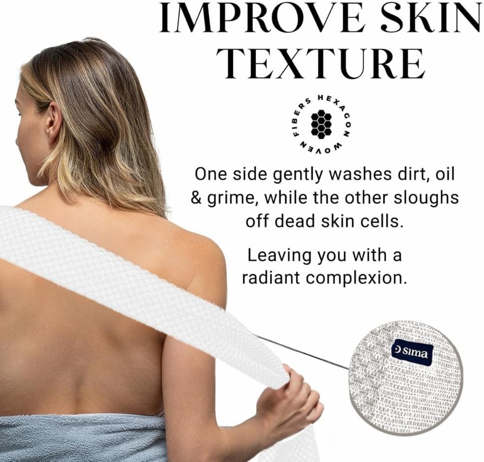 Sima Exfoliating Body Towel Bundle - White & Japanese Face Towel with Hexagon Fibers | Dual-Sided Scrubber