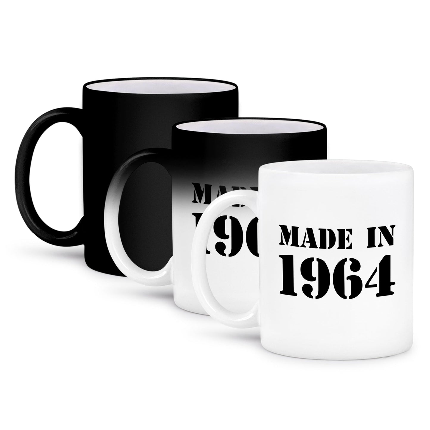 3dRose Mug Made in 1964 - funny birthday birth year text - fun black bday stamp with year you were born - humor - 11oz - Transforming, Black/White