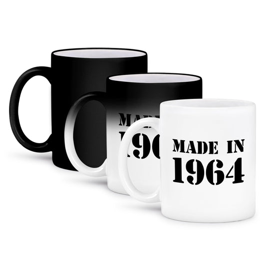 3dRose Mug Made in 1964 - funny birthday birth year text - fun black bday stamp with year you were born - humor - 11oz - Transforming, Black/White