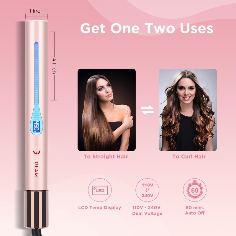 IG INGLAM Titanium Flat Iron Hair Straightener, Infrared Curling Iron 1 Inch,Negative Ionic Dual Voltage Straightener 11 Adjust Temp 250°F to 450°F, Anti-Frizz Shiny Hair,110-240V, Gift, Pink
