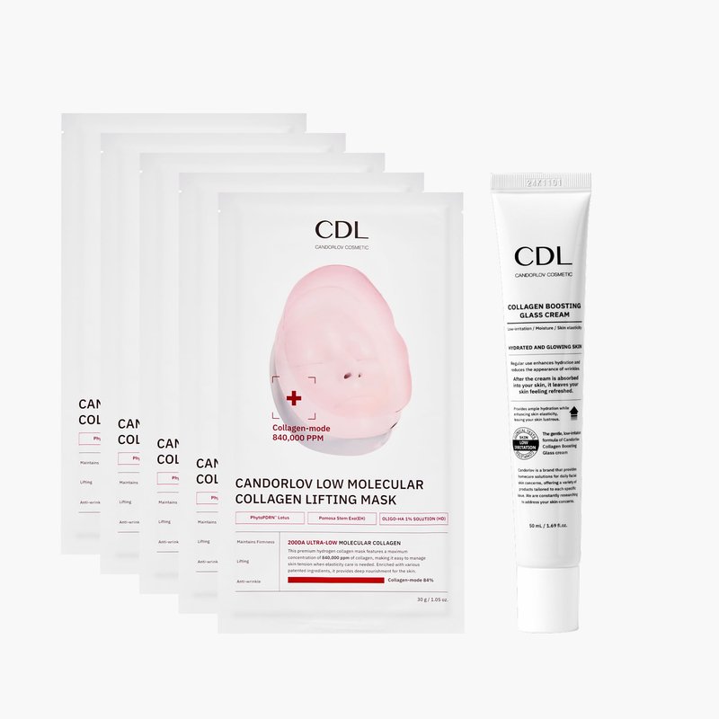 CANDORLOV CDL Korean Collagen Duo - Collagen Hydrogel Face Lifting Mask (5 Sheets) + Collagen Hydrating Glass Glow Cream - Anti-Aging, Firming & Plumping with OLIGO-HA Phyto-PDRN