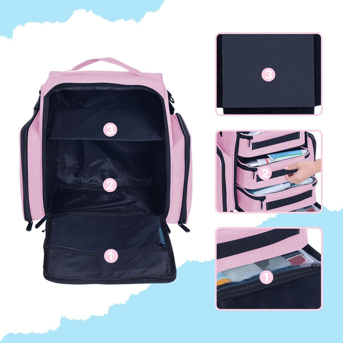 Large Makeup Bag Organizer - Multifunctional Cosmetic Case with 3 Removable Pouches | Pink Travel Storage