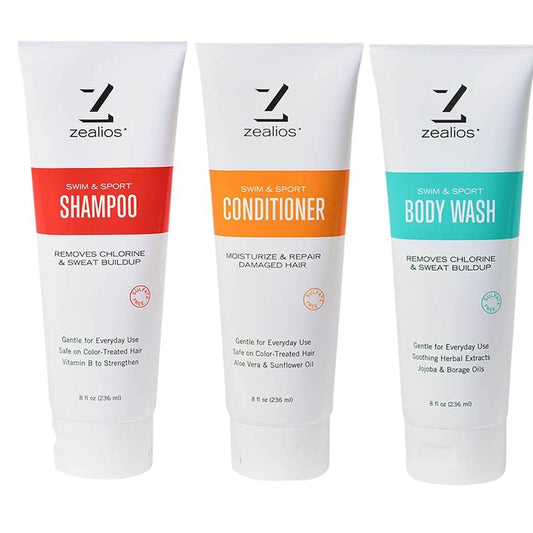 Zealios Swim & Sport Shampoo, Conditioner & Hydrating Body Wash for Relief from Pool Chemicals