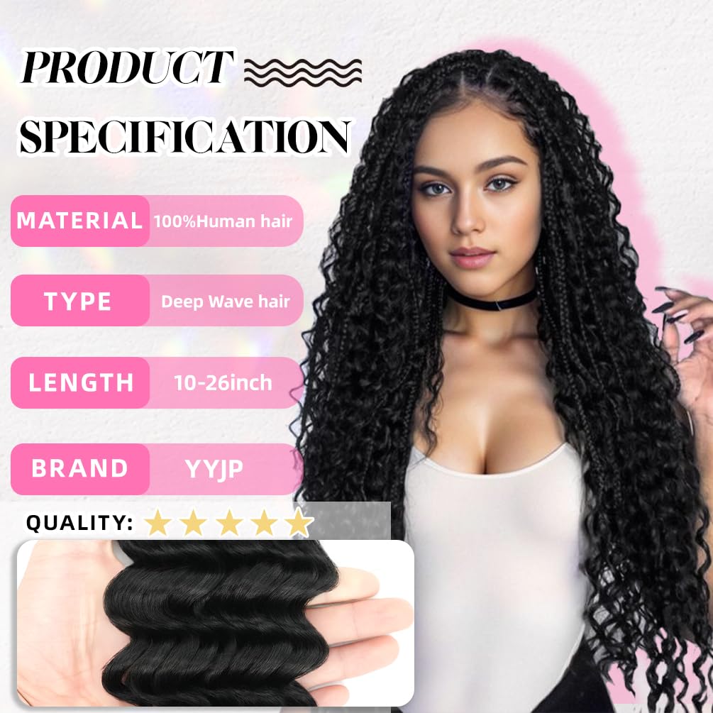 16 Inch Deep Wave Human Braiding Hair for Boho Braids – 50g 1 Bundles/Pack Natural Black 100% Unprocessed 12A Brazilian Virgin Human Hair Bulk, No Weft, Wet & Wavy Curly Extensions