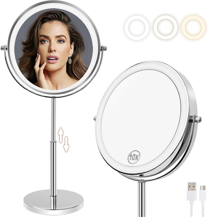 Rechargeable 8” LED Makeup Mirror - 1X/10X Magnifying, Height Adjustable, 3 Color Dimmable Lights | 360° Rotation - Perfect Gift for Women (Silver)
