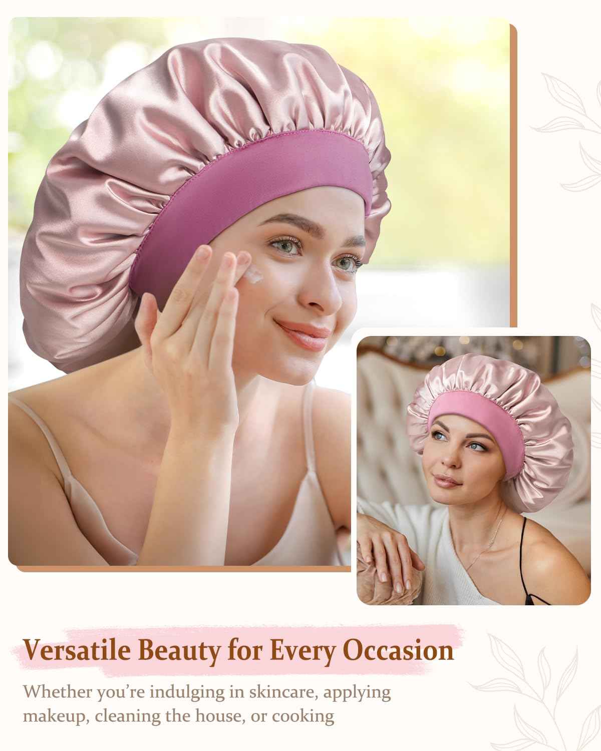 mikimini Satin Bonnet for Sleeping Women, Ajustable Reversable Silky Bonnet for Sleeping, Large Hair Bonnet for Curly Hair Braids, Pink Elegant, 2 Pieces