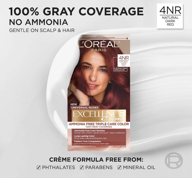 L’Oreal Paris Excellence Universal Nudes Permanent Hair Color, Ammonia Free Hair Dye for Gray Hair Coverage, 4NR Natural Dark Red, 1 Hair Dye Kit