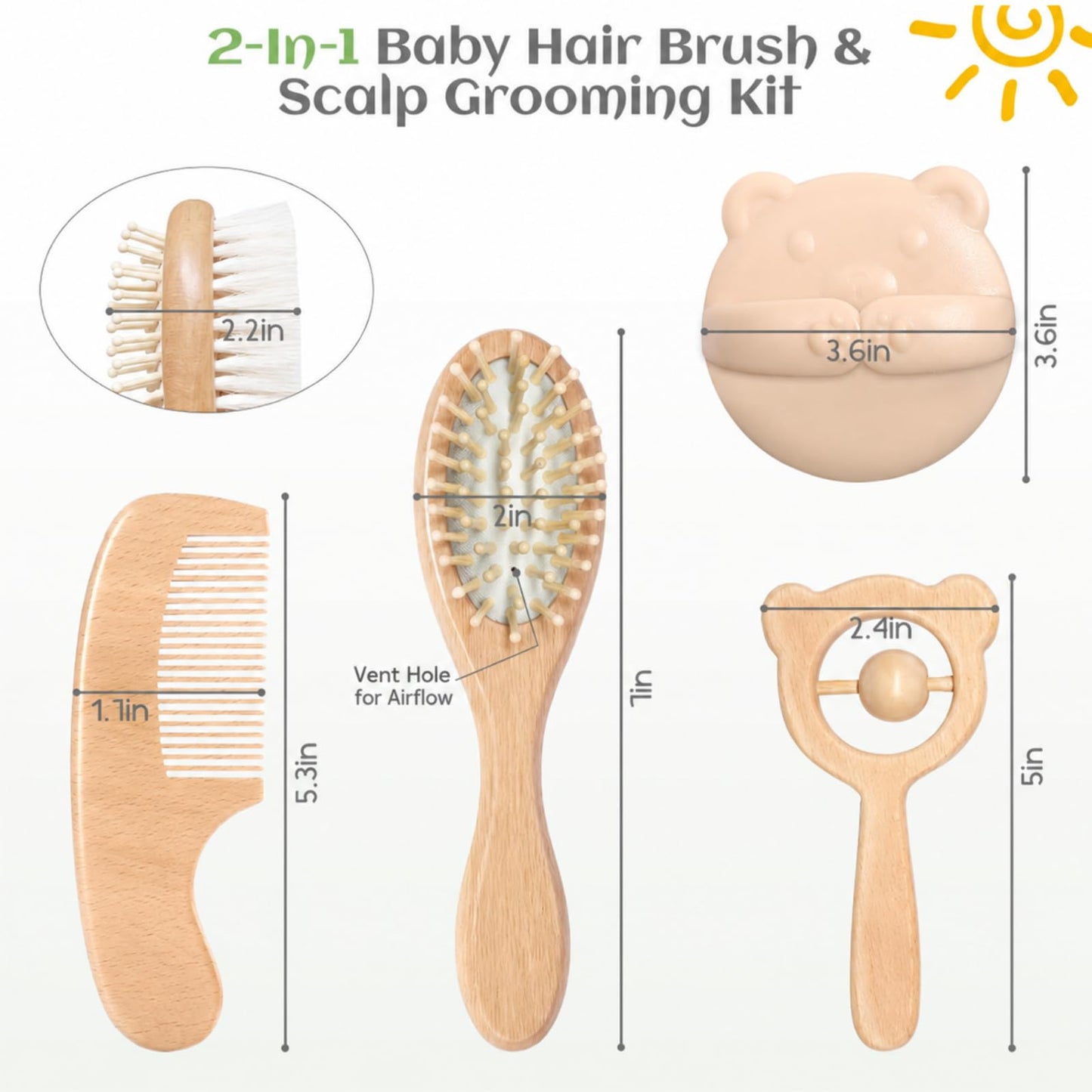 Baby Hair Bush and Comb Set, 5 Pack Wooden Baby Brush with Soft Goat Bristle for Newborns and Toddlers, Perfect for Cradle Cap, Baby Registry Gift, Infant Essentials Care Kit