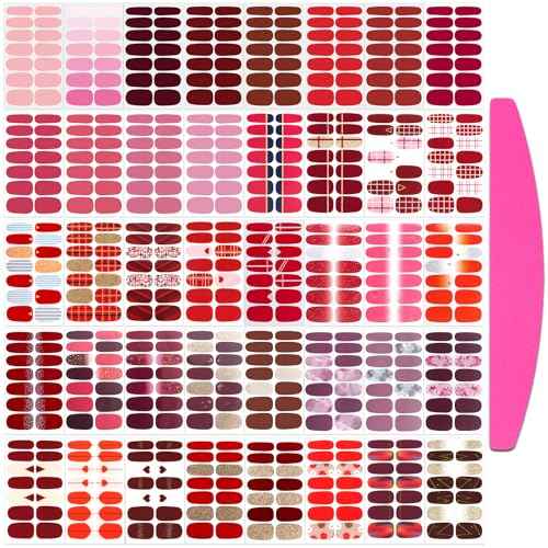 SILPECWEE 560 Pieces 40 Sheets Nail Polish Strips, Red Nail Stickers Full Nail Wraps for Women, Self Adhesive Gel Strips Manicure Design, Fingernail Sticker Nails with File