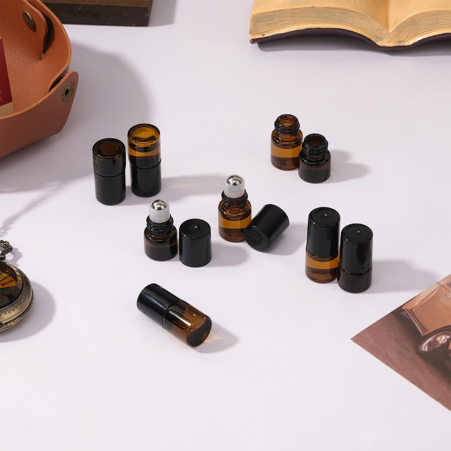 RAMFIYN 120 pack 1ml Amber Glass Roller Bottles for Essential Oils Refillable Roll-on Applicator with Stainless Steel Roller Balls Mini Leak-proof Makeup Containers with Pipettes and Bottle Opener
