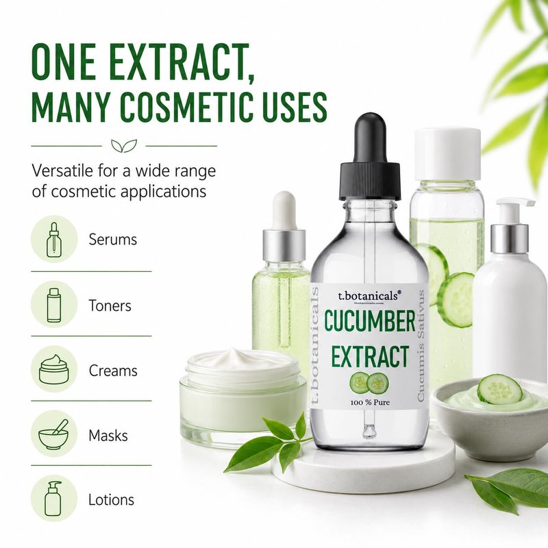 t.botanicals Pure Cucumber Extract Liquid Glycerite Alcohol Free Serum for Face Wash Mask Body Cosmetic Formulations and Skin Care Cream, Lotion, Shampoo, Conditioner Recipes (4 oz.)