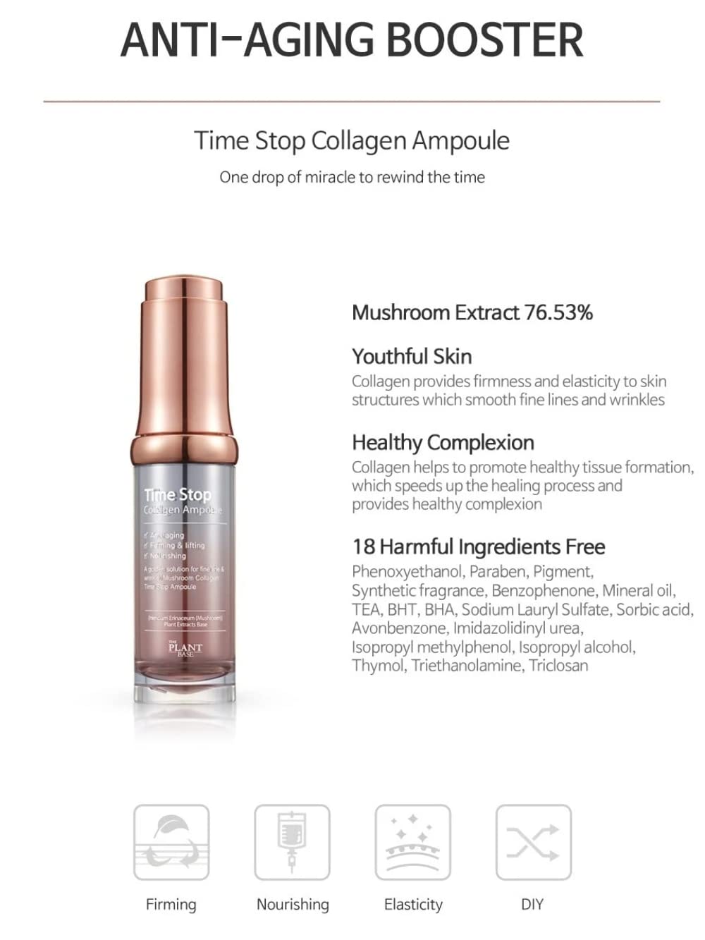 THE PLANT BASE Korean Collagen Serum – Time Stop Mushroom Ampoule, 76.5% Mushroom Extract & Vegan Collagen Face Serum for Anti-Aging, Firming & Plumping | K-Beauty Award Winner, 1.01 fl oz