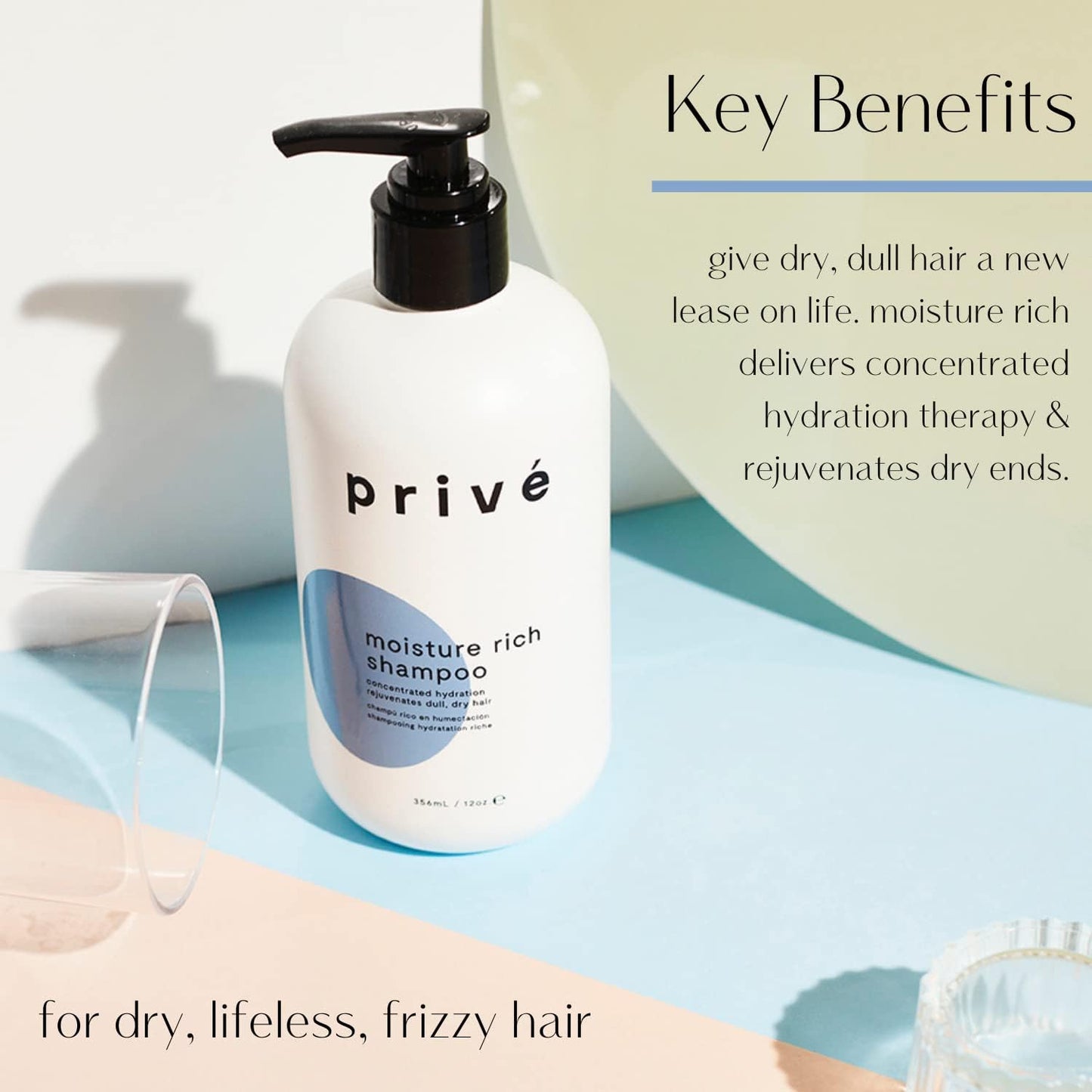 Prive Moisture Rich Shampoo - Hydrating Shampoo for Dry and Frizzy Hair - Sulfate Free Formula with Jojoba Protein, Kukui Oil and Green Tea - Softening, Color Safe - 12 oz