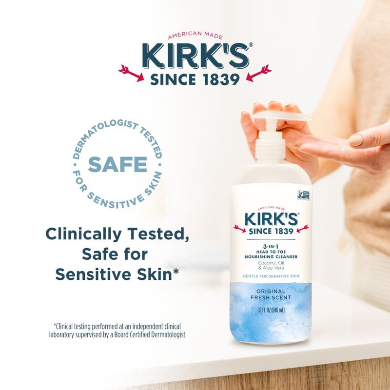 Kirk's Original Fresh 3-in-1 Nourishing Cleanser and Travel Bar Soap, Shampoo Body Wash Bubble Bath, Coconut Oil and Aloe Vera, Vegan Non-GMO, 32 Fl Oz, Pack of 2