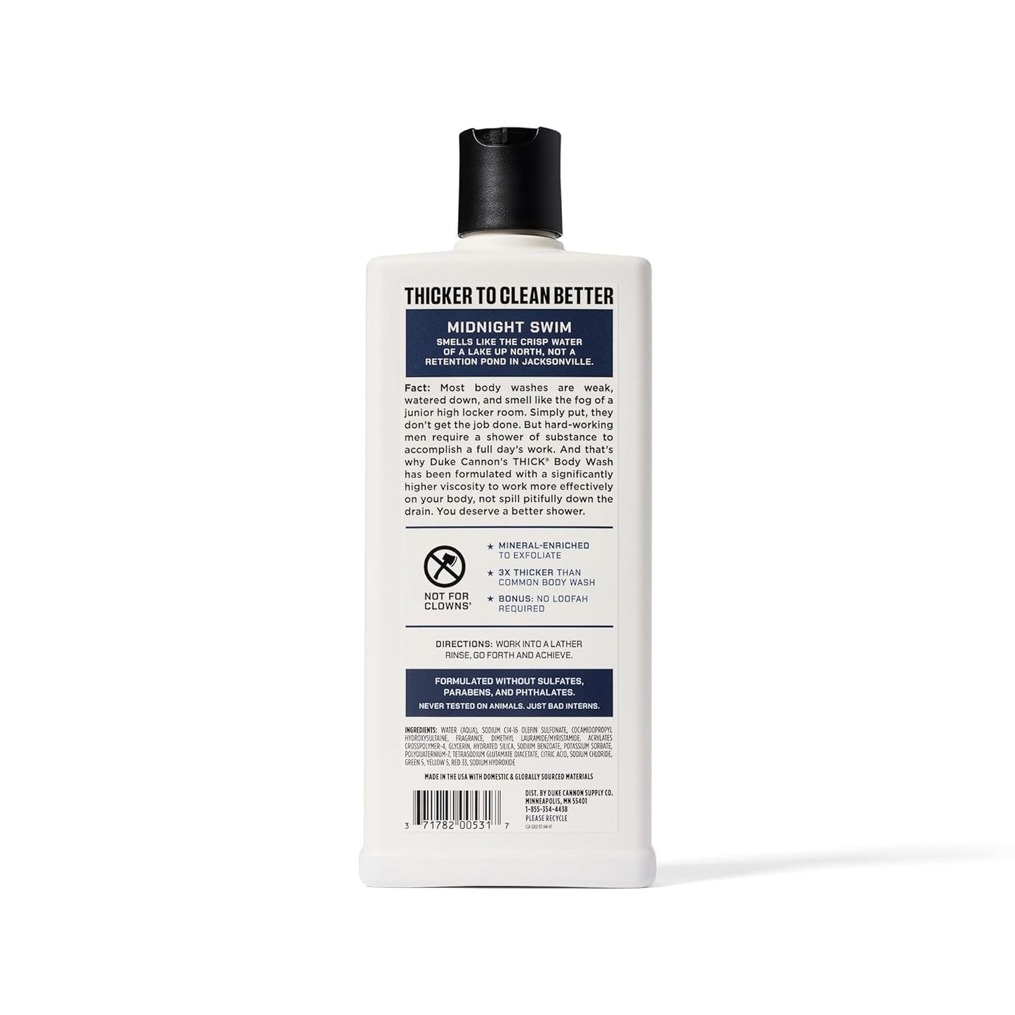 Duke Cannon Supply Co. Thick High Viscosity Body Wash - 3X Thicker, Cleansing Shower and Bath Gel, Mineral-Enriched Body Wash for Men - Sandalwood + Lavender - Mens Body Scrub - Midnight Swim (18 oz)