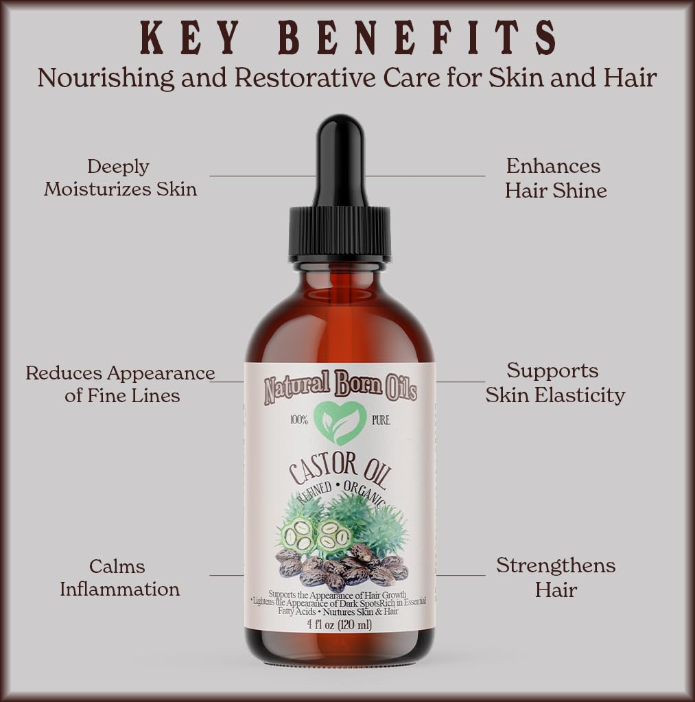 Natural Born Oils Castor Oil, 16oz, Organic, Cold-Pressed, Nutrient-Rich, Deep Skin Nourishment, Hair Strengthening