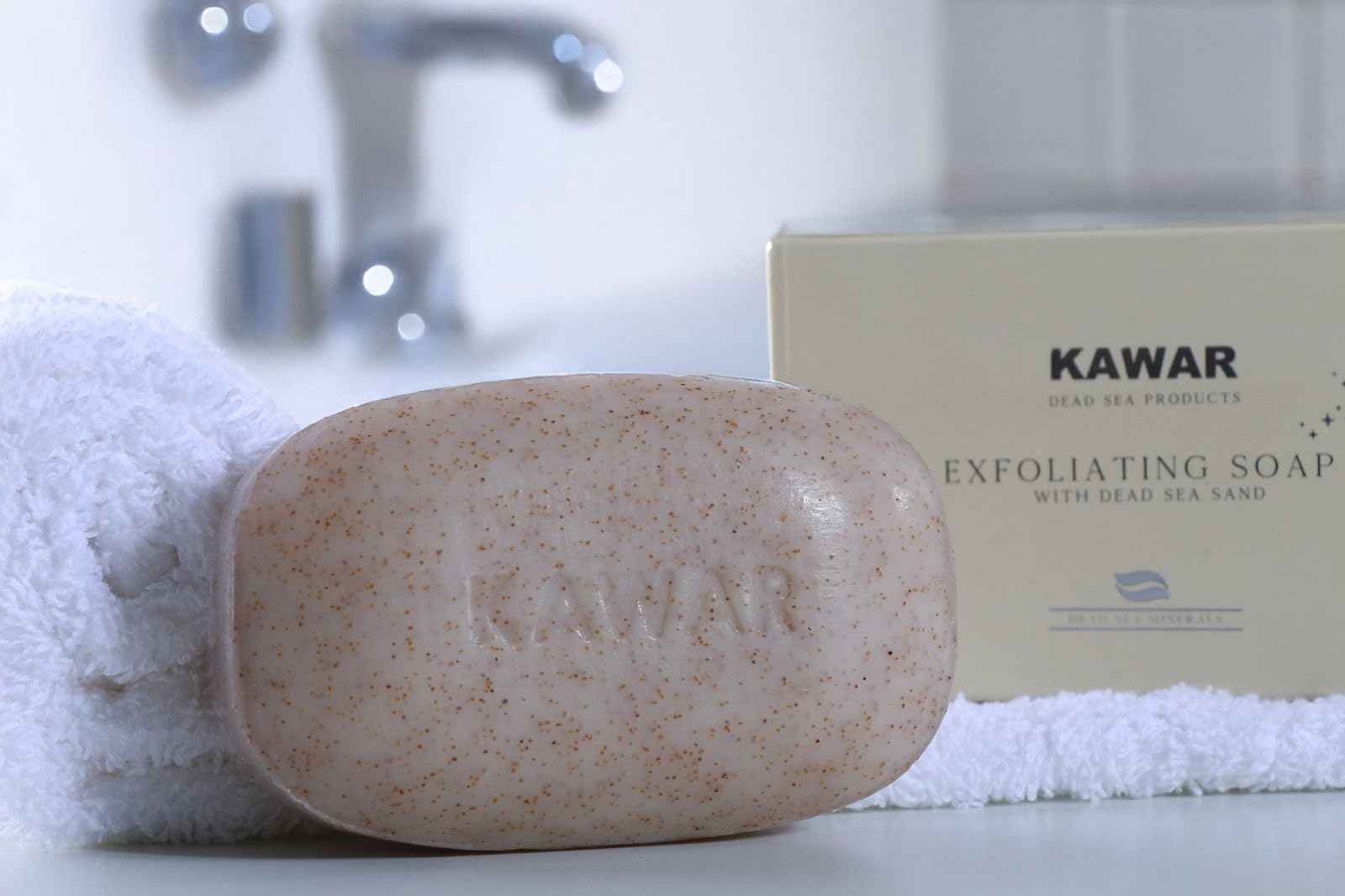KAWAR Dead Sea Exfoliating Soap with Dead Sea Sand - Salicylic Acid, Magnesium Chloride, Shea Butter, Olive Oil & Tea Tree - Vegan Soap Bar for Men & Women, 4.2 oz (Pack of 2)