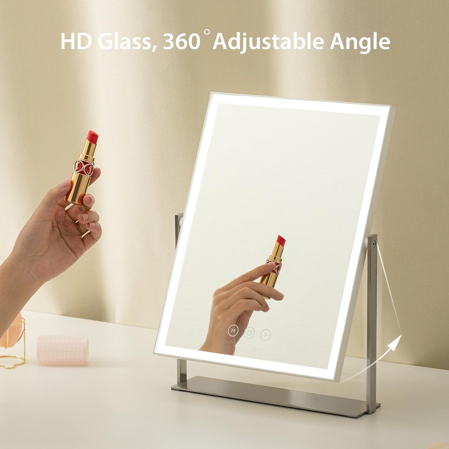 NEZZOE Rechargeable Vanity Mirror with Lights, Table Mirror with Stand, Makeup Mirror with 3 Colors and Brightness Adjustable, 3000mAh Battery, 14×10 Inch