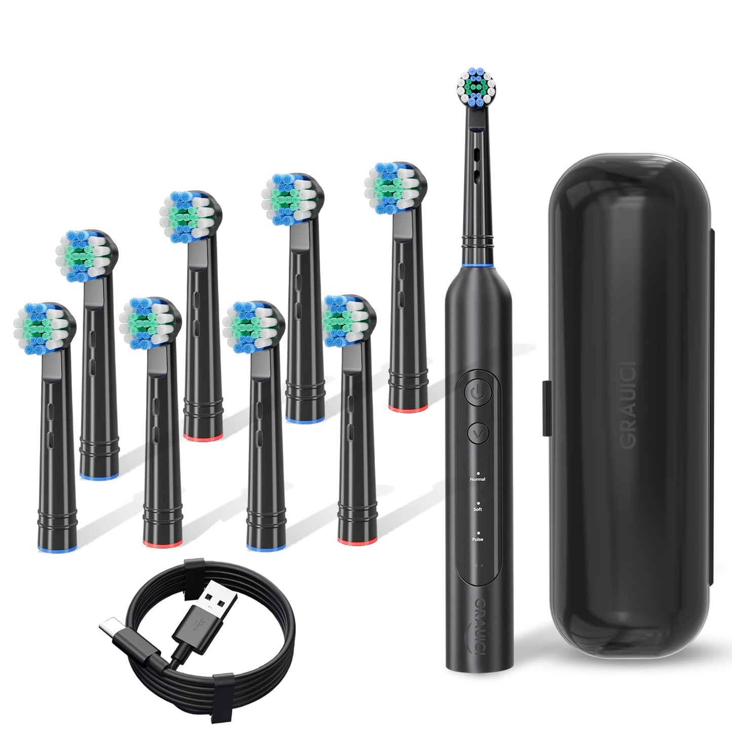 GRAUICI Deep Clean Rechargeable Electric Powered Toothbrush, Rechargeable Electric Toothbrush with 8 Brush Heads,Pressure Sensor to Protect Gums