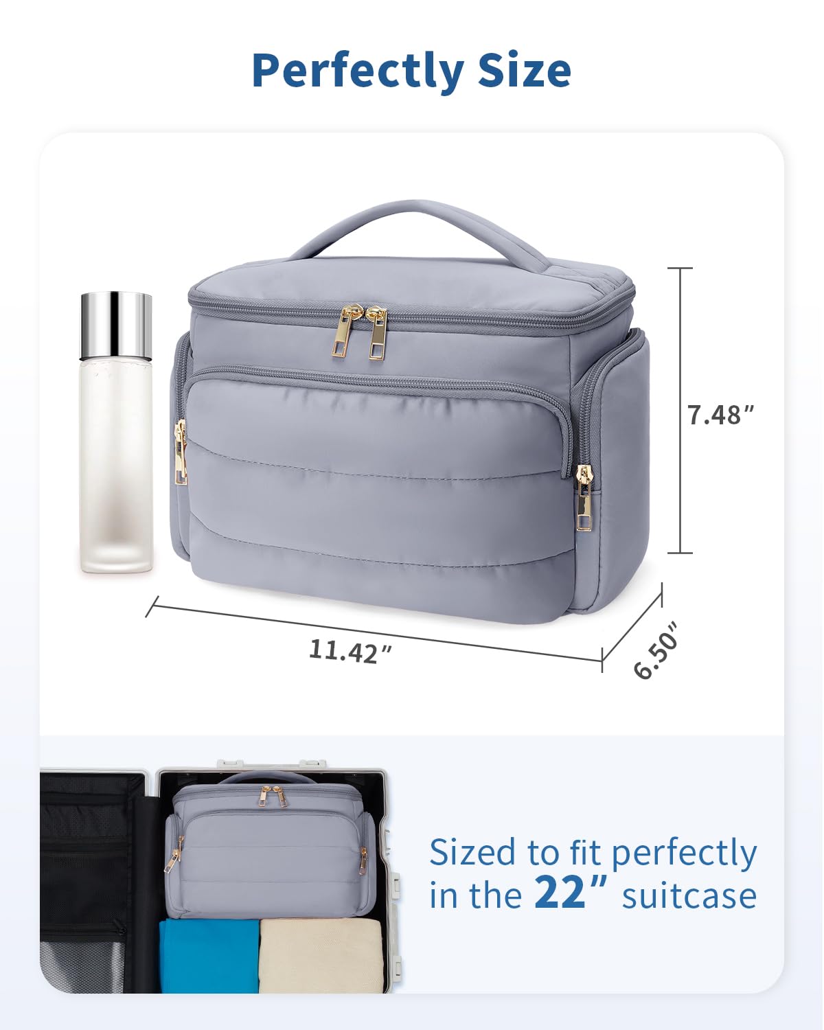 WANDF Travel Toiletry Bag for Women, Wide-open Large Makeup Bag with Handle, Puffy Makeup Organizer for Toiletries, Cosmetics, Accessories, Essentials (Slate Blue)