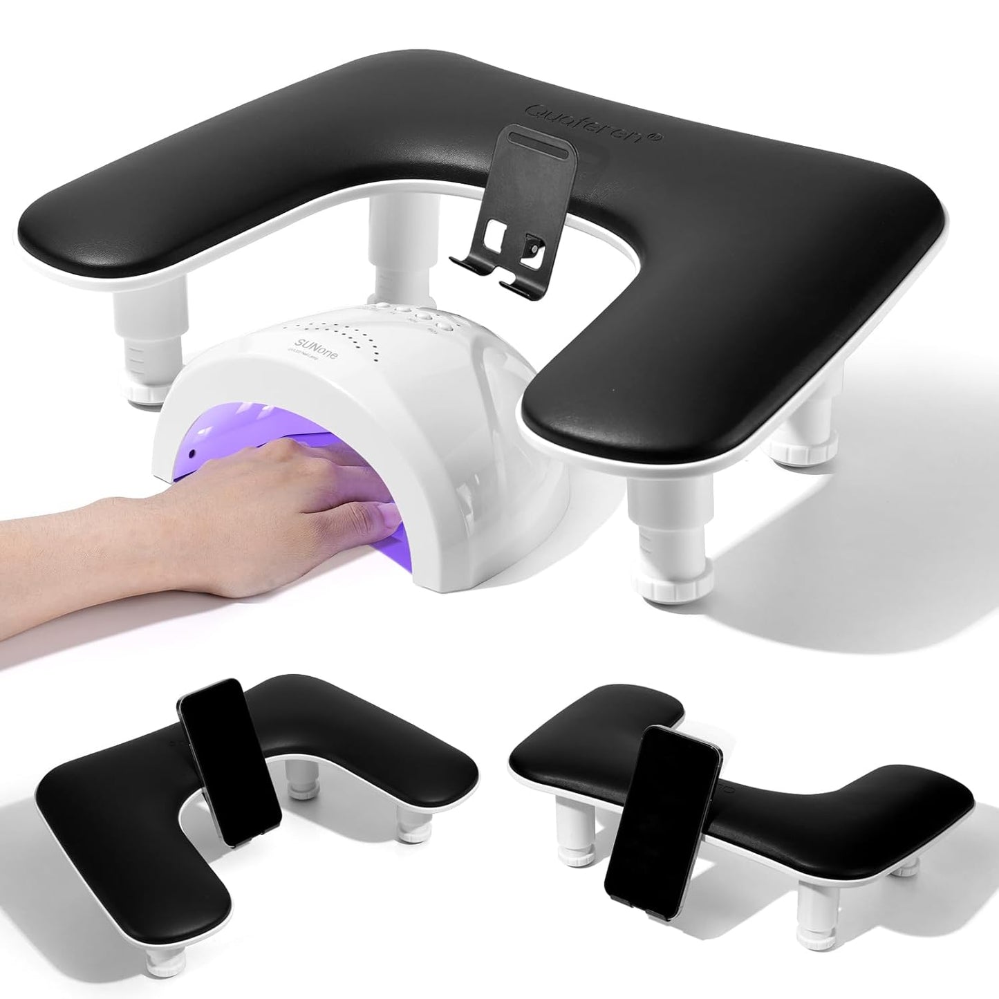 Manicure Nail Arm Rest - 3rd Gen Adjustable U-Shaped Hand Pillow with Rotating Phone Stand | Black