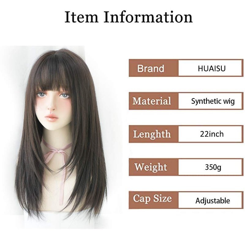 HUAISU Long Black Straight Hair Wig with Bangs Synthetic High Density Long Hair Wig for Women (Black)