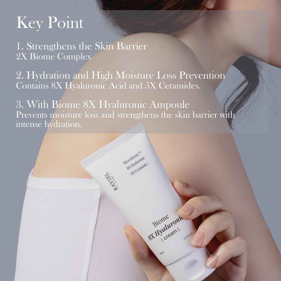RAVIEL Biome 8X Hyaluronic Cream – Deep Moisture Glow Cream with 5X Ceramide for Inner Hydration, Skin Firmness & Pore-Less Finish, Korean Skincare, 80ml,2.70 fl oz
