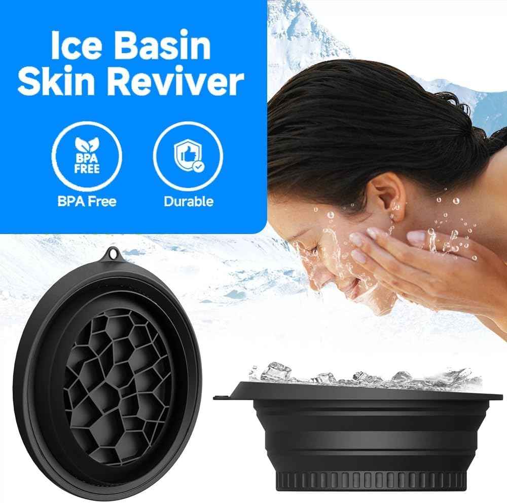 MOQRUAO 1PackFace Bowl for Ice with Built-in Ice Tray – Collapsible Silicone Facial Ice Bath Bowl for Cold Plunge Therapy, Skin Tightening & Acne Relief – Portable Spa Tool for Home & Travel (Black)