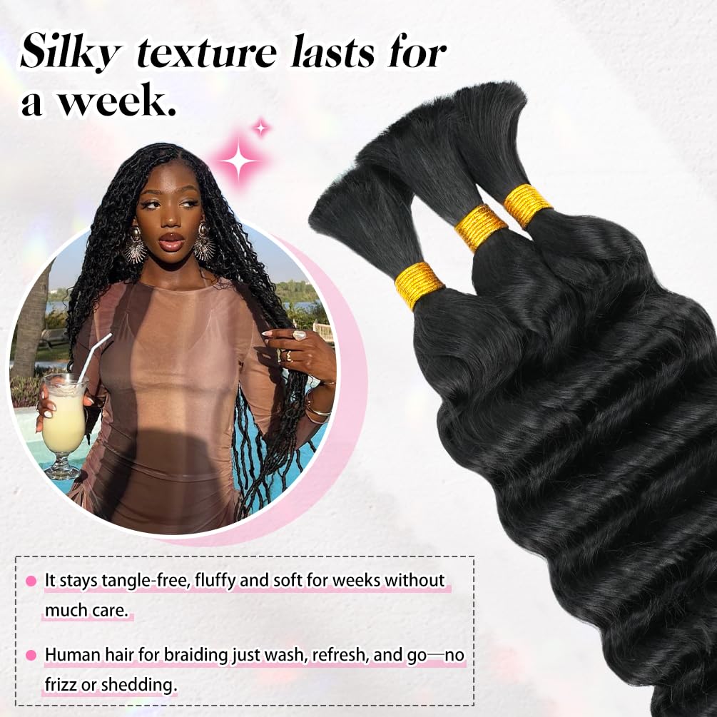 16 Inch Deep Wave Human Braiding Hair for Boho Braids – 50g 1 Bundles/Pack Natural Black 100% Unprocessed 12A Brazilian Virgin Human Hair Bulk, No Weft, Wet & Wavy Curly Extensions