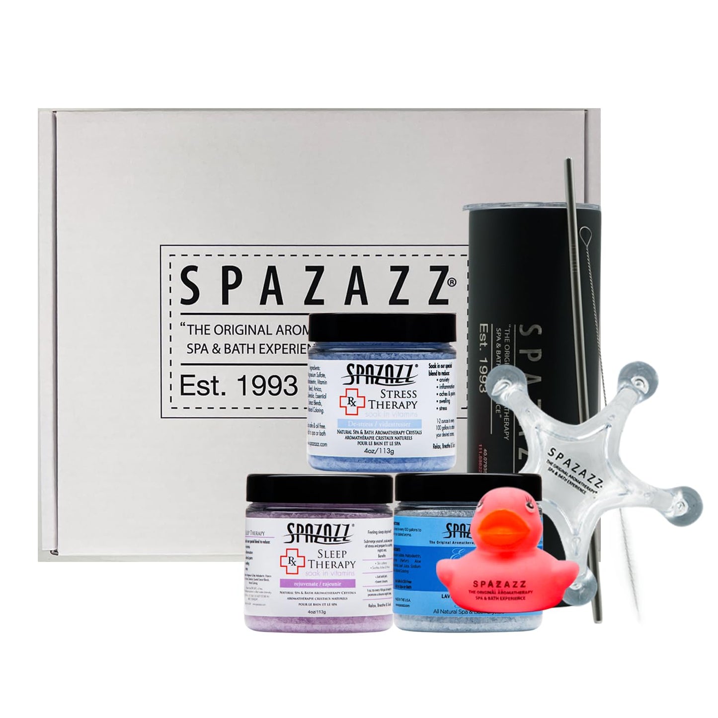 Aromatherapy Bath Salts Gift Set - 3 x 4 Oz Stress Relief, Sleep & Lavender | Includes Tumbler & Massager