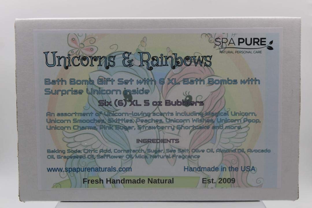 SPAPURE Unicorns and Rainbows - Bath Bomb Gift Set with 6 XL Unicorn bath bombs with surprise unicorns inside, USA Made, Handmade, Natural Bath Bombs, Birthday Gift idea for Kids (6 Count) Pack of 1
