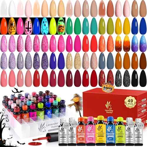 Lavender Violets 49pcs Gel Nail Polish Set 45 Colors Neon Glow in the Dark Effect with Nail Primer Builder Base Coat Glossy & Matte Top Coat Jelly Shades for Halloween Nail Art Design A950