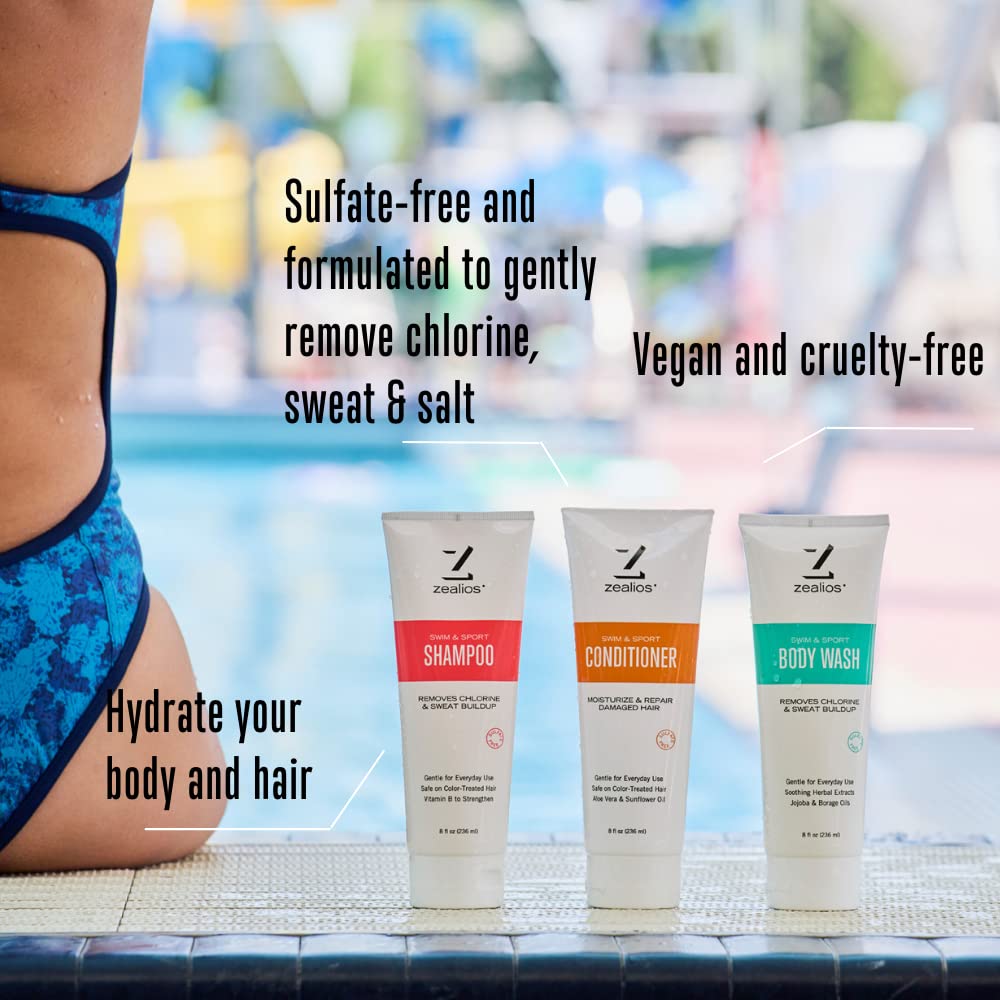 Zealios Swim & Sport Shampoo, Conditioner & Hydrating Body Wash for Relief from Pool Chemicals